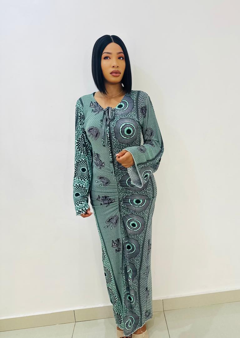 Robe Longue Géométrique Vert Menthe - Collection Ethnique